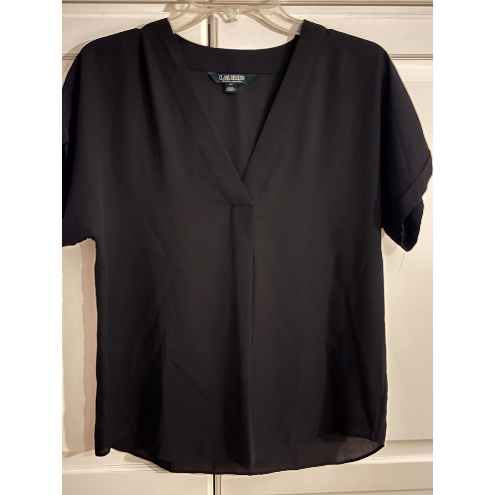 Lauren Ralph Lauren Womens Black V-Neck Short Sleeve Blouse Size M